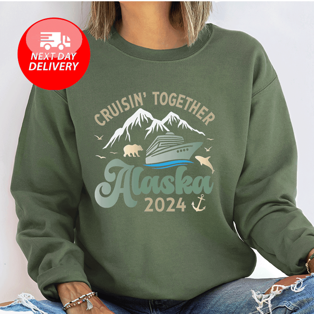 a woman wearing a sweatshirt that says cruising together alaska