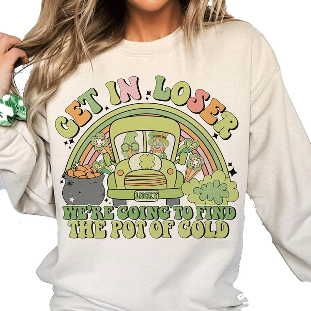 a woman wearing a st patrick's day sweatshirt