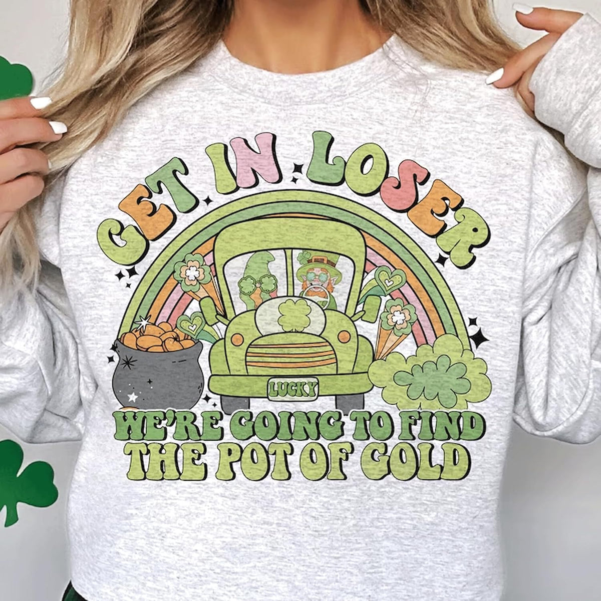 a woman wearing a st patrick's day sweatshirt