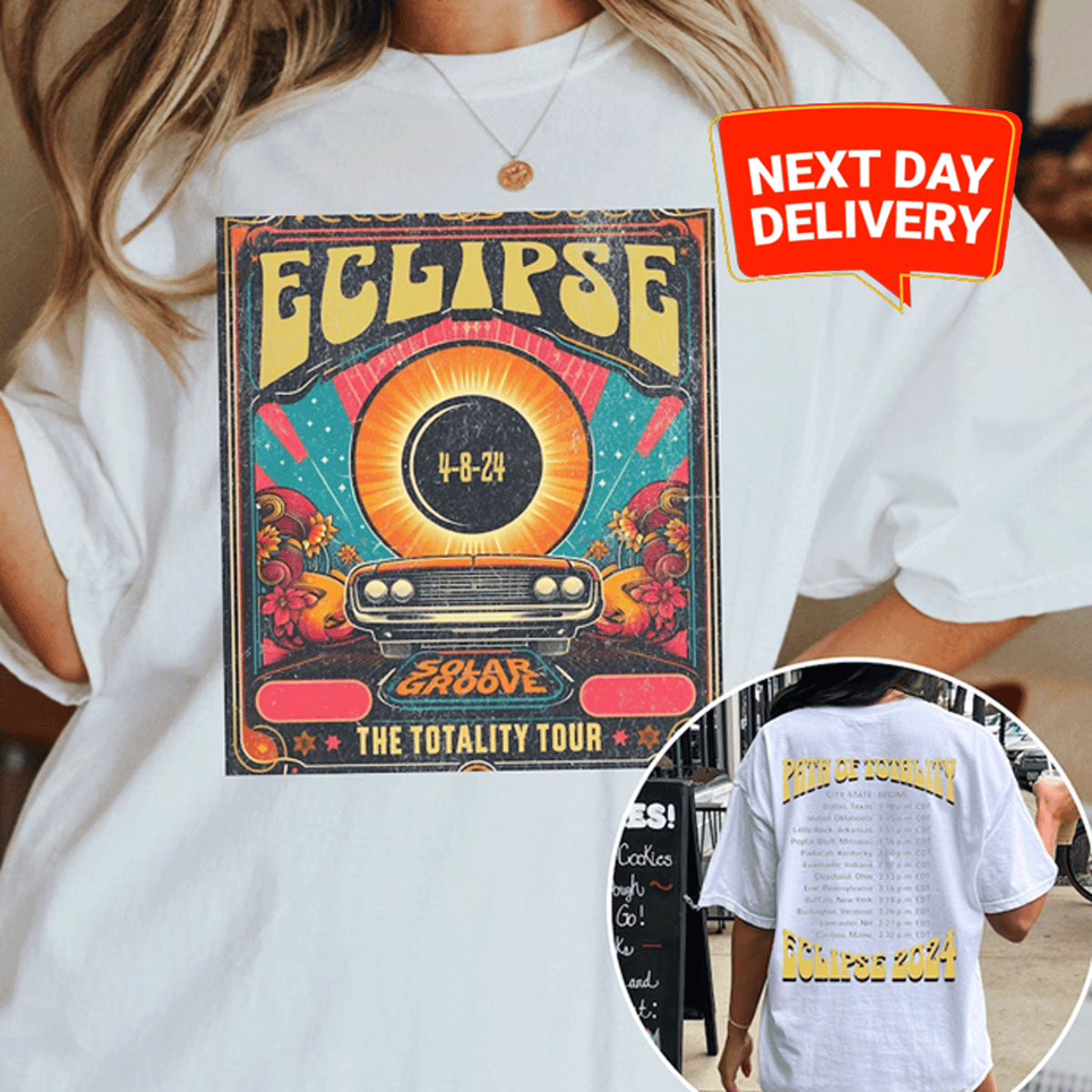 a woman wearing a white t - shirt with a picture of an eclipse on it