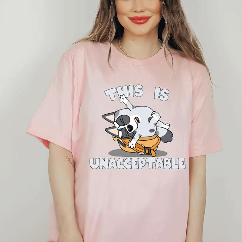 a woman wearing a pink t - shirt that says this is unaccepttable