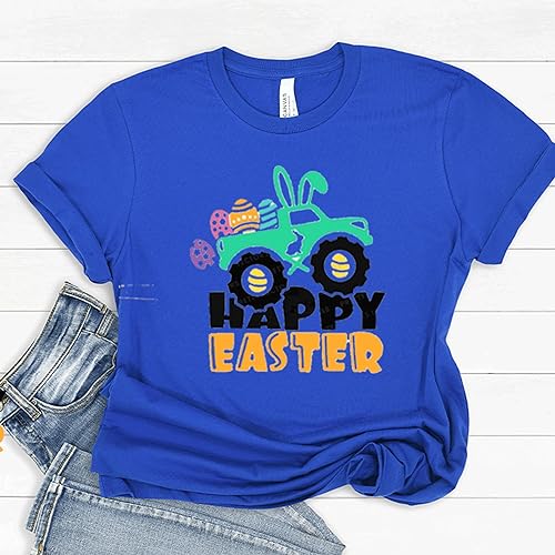 a blue shirt that says happy easter next to a pair of jeans